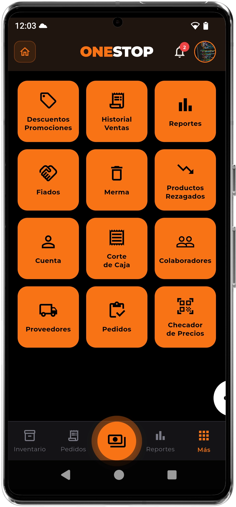 Menú de funciones de la app ONESTOP